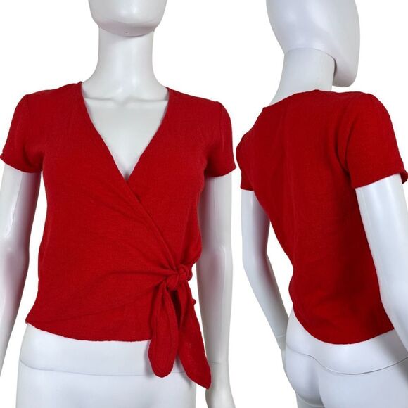 Madewell Women Size XXS Cotton Red Wrap Tie Terry Cloth Textured Cropped Shirt - Picture 1 of 15